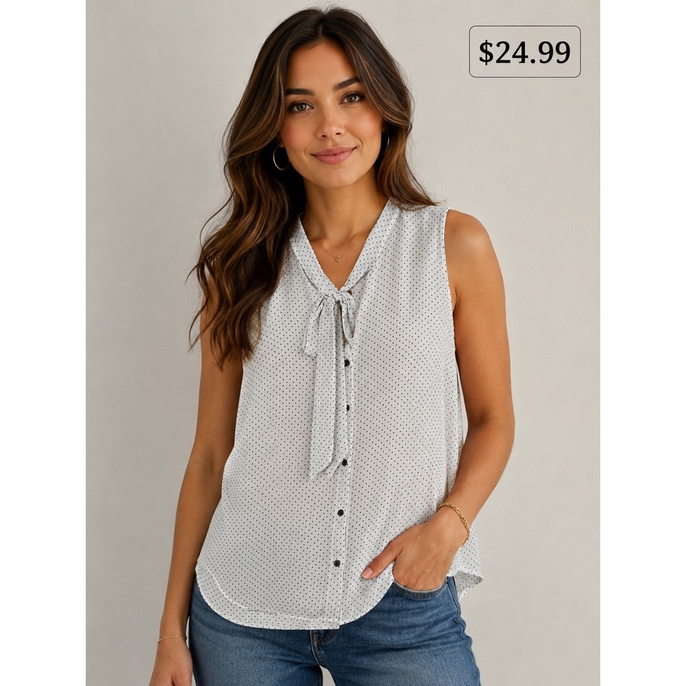 J.Crew Womens Polka Dot Tie Neck Sleeveless Blouse White Black Size L
